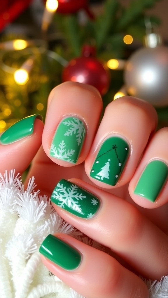 Medium-length Christmas nails in green shades with snowflake and tree designs against a festive background.